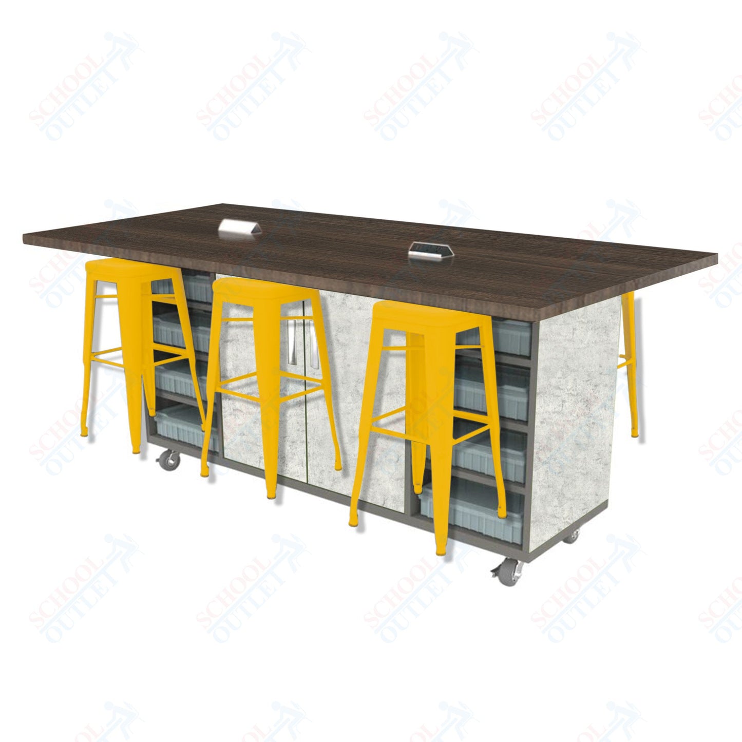 CEF ED Double Table 42"H High Pressure Laminate Top, Laminate Base with  6 Stools, Storage bins, and Electrical Outlets Included.