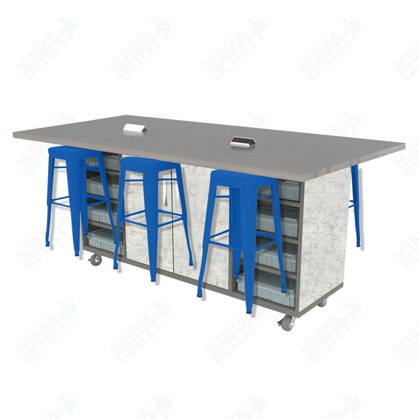 CEF ED Double Table 42"H High Pressure Laminate Top, Laminate Base with  6 Stools, Storage bins, and Electrical Outlets Included.