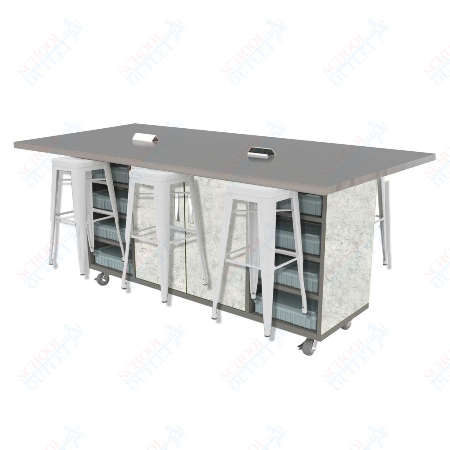 CEF ED Double Table 42"H High Pressure Laminate Top, Laminate Base with  6 Stools, Storage bins, and Electrical Outlets Included.