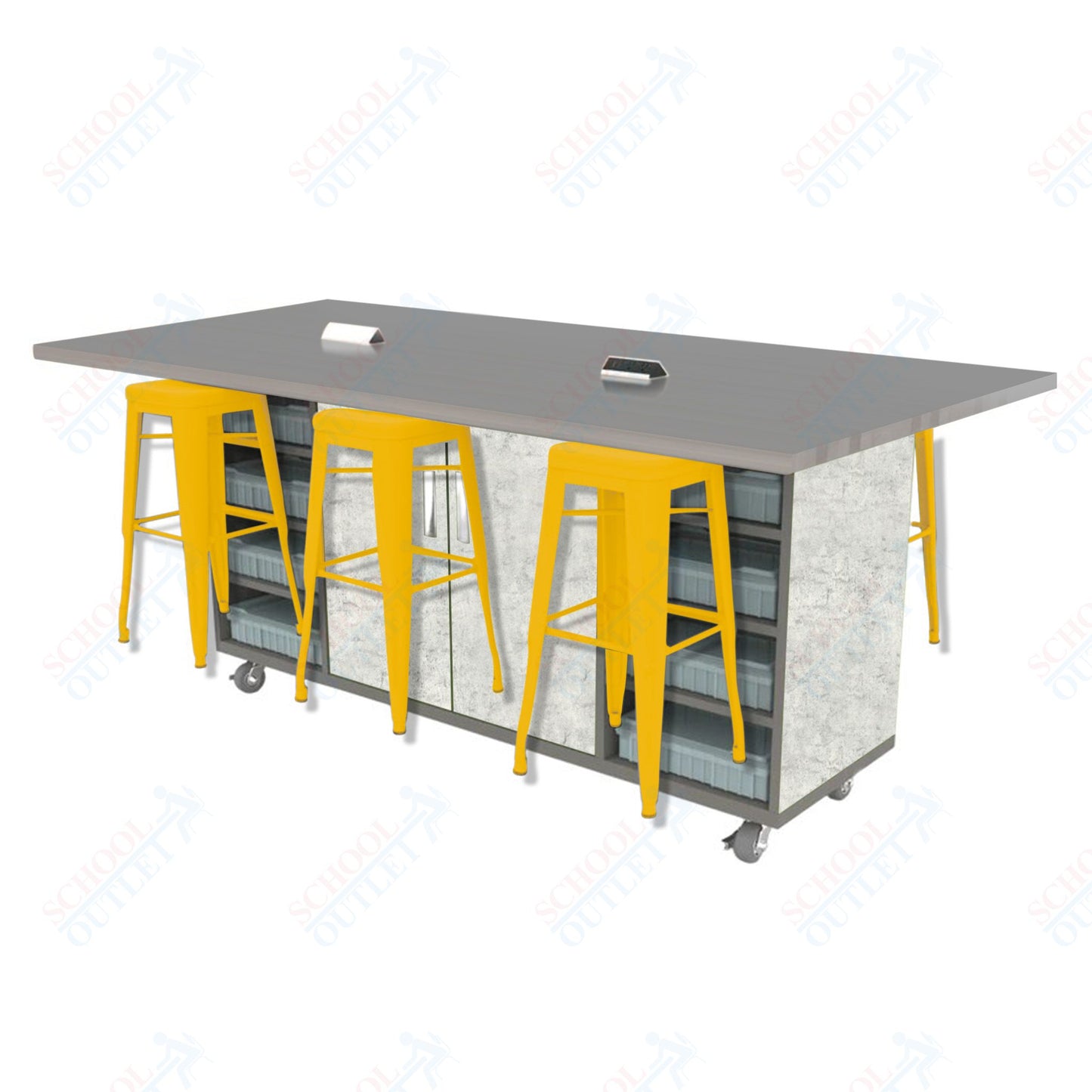 CEF ED Double Table 42"H High Pressure Laminate Top, Laminate Base with  6 Stools, Storage bins, and Electrical Outlets Included.