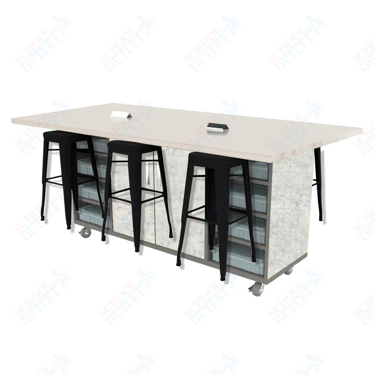 CEF ED Double Table 42"H High Pressure Laminate Top, Laminate Base with  6 Stools, Storage bins, and Electrical Outlets Included.