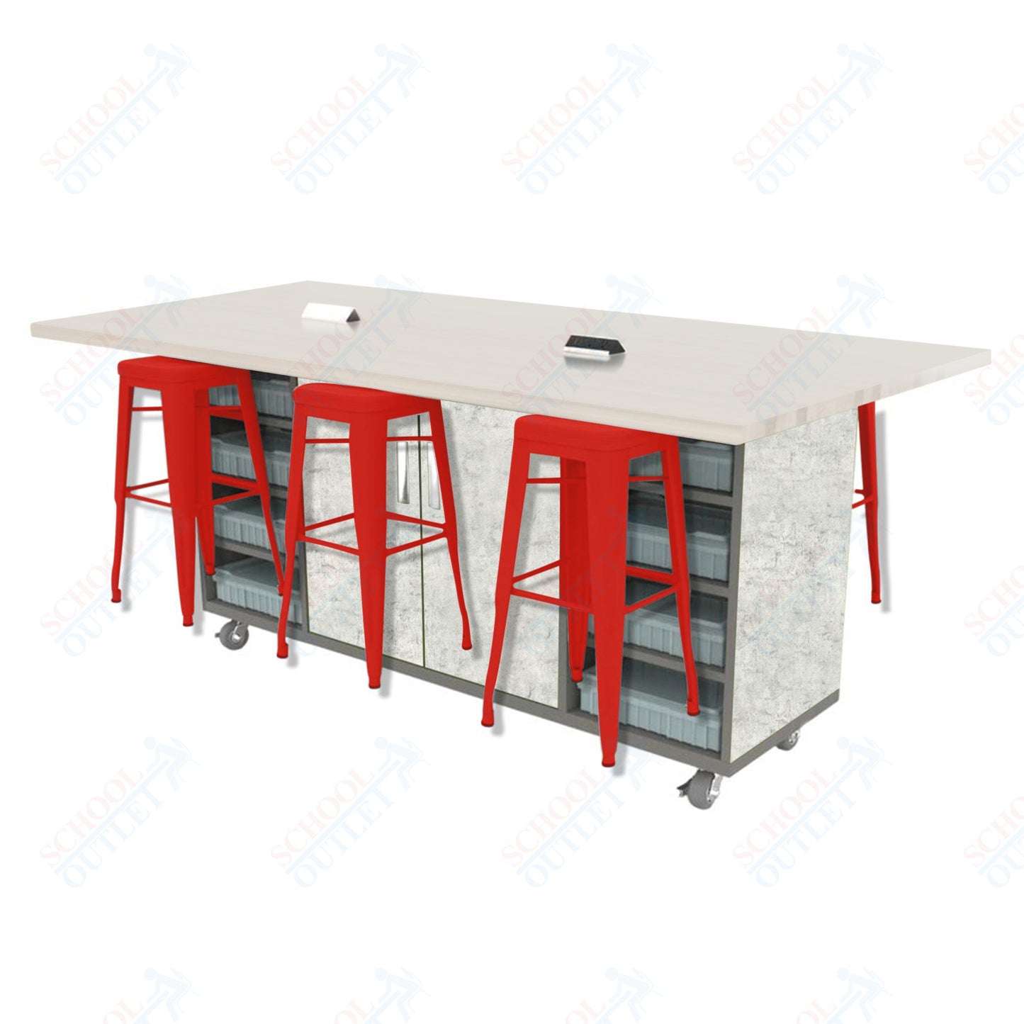 CEF ED Double Table 42"H High Pressure Laminate Top, Laminate Base with  6 Stools, Storage bins, and Electrical Outlets Included.