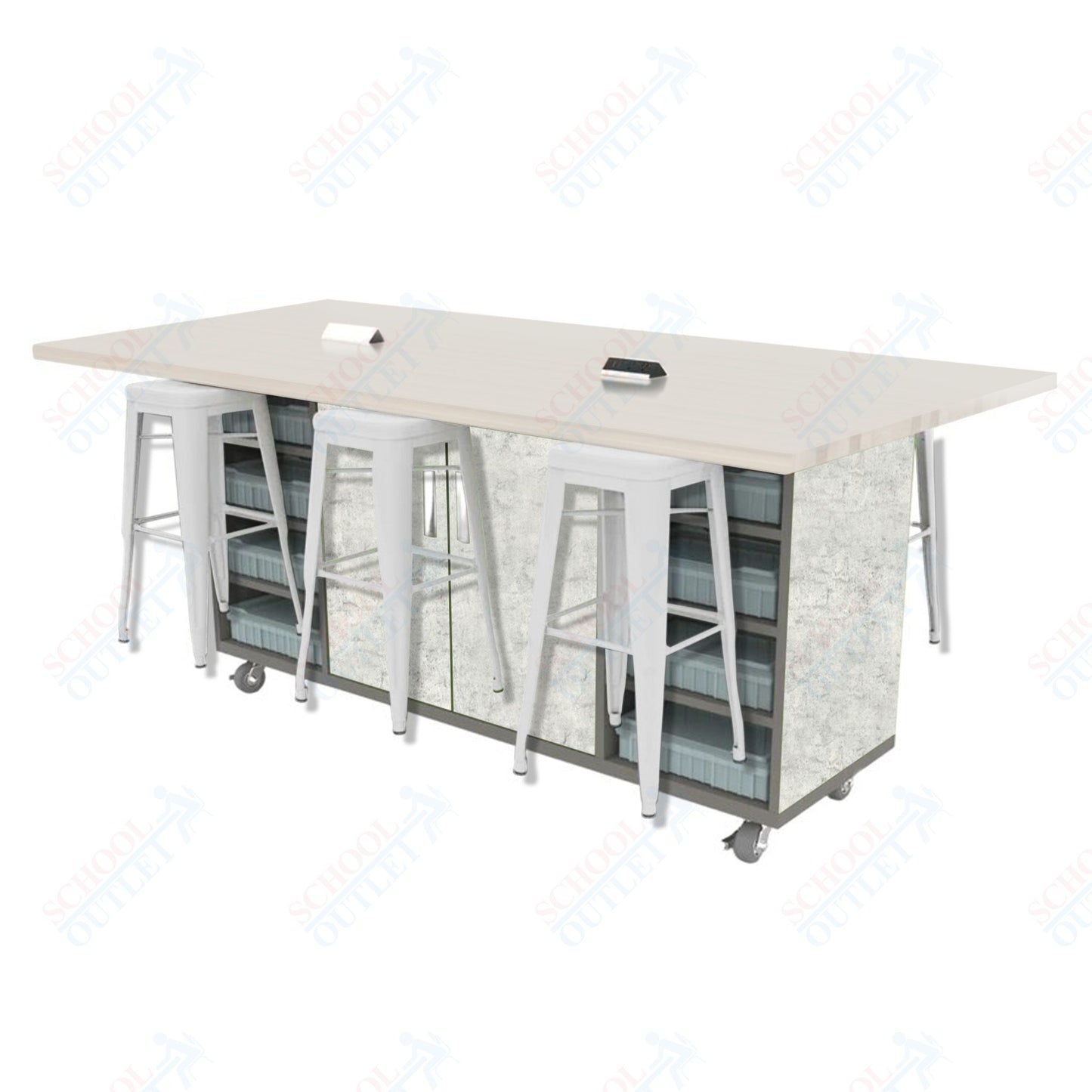 CEF ED Double Table 42"H High Pressure Laminate Top, Laminate Base with  6 Stools, Storage bins, and Electrical Outlets Included.