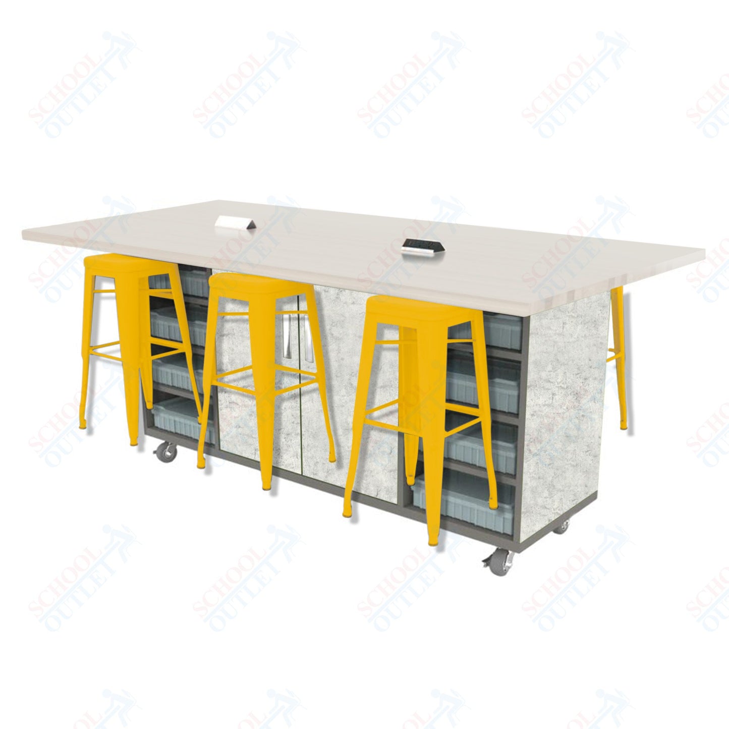 CEF ED Double Table 42"H High Pressure Laminate Top, Laminate Base with  6 Stools, Storage bins, and Electrical Outlets Included.