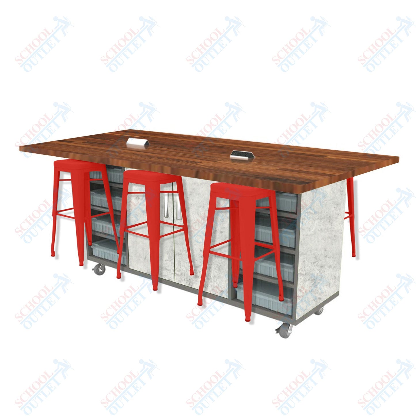 CEF ED Double Table 42"H Butcher Block Top, Laminate Base with  6 Stools, Storage bins, and Electrical Outlets Included.