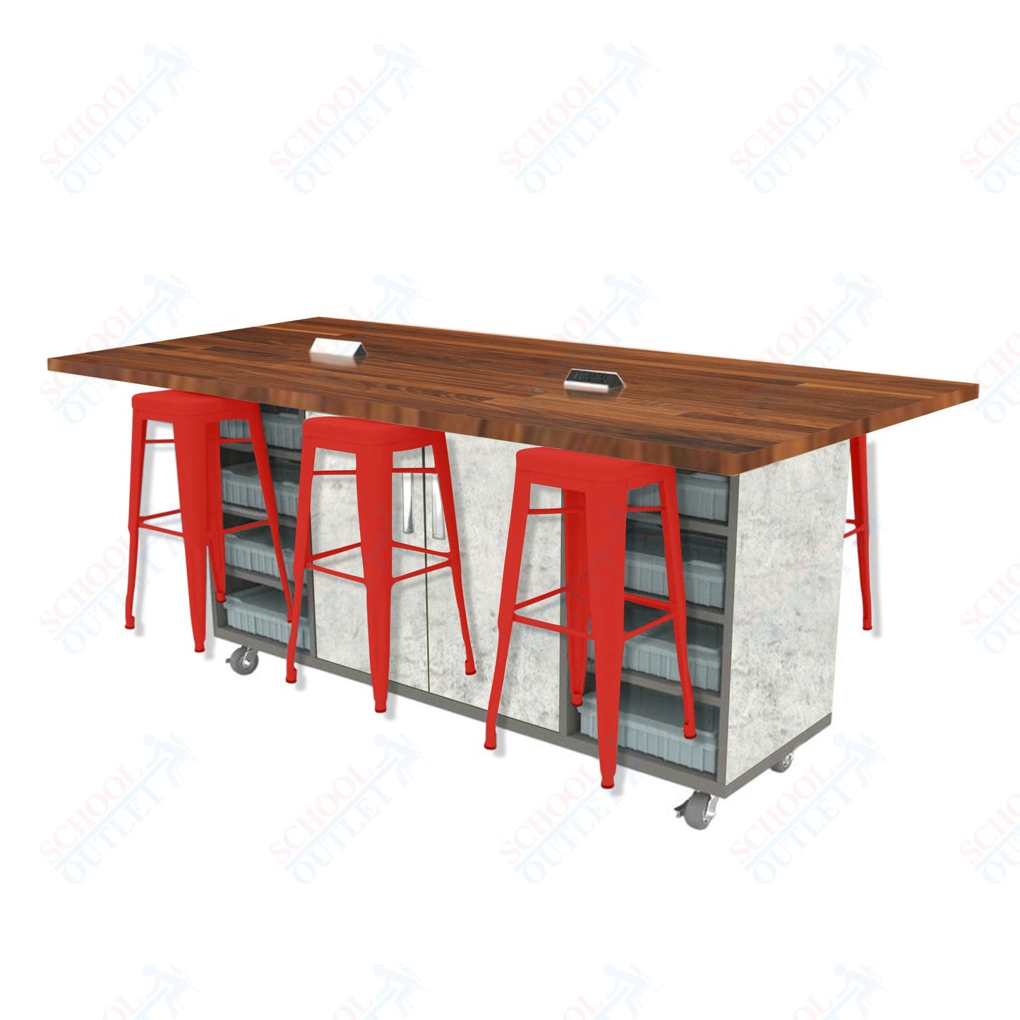 CEF ED Double Table 42"H Butcher Block Top, Laminate Base with  6 Stools, Storage bins, and Electrical Outlets Included.