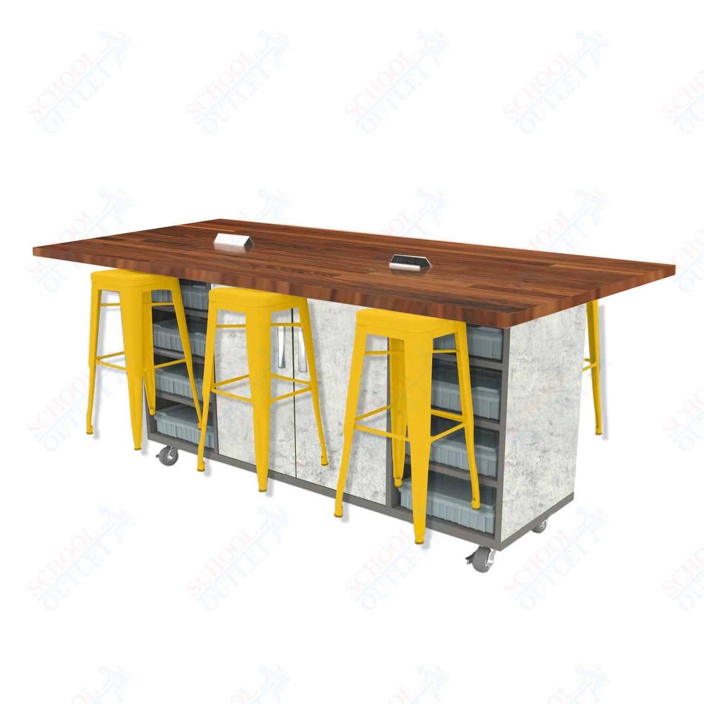 CEF ED Double Table 42"H Butcher Block Top, Laminate Base with  6 Stools, Storage bins, and Electrical Outlets Included.