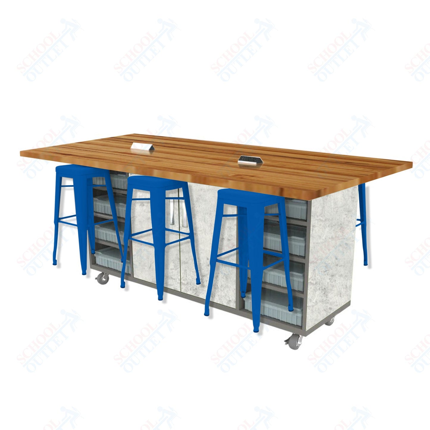 CEF ED Double Table 42"H Butcher Block Top, Laminate Base with  6 Stools, Storage bins, and Electrical Outlets Included.