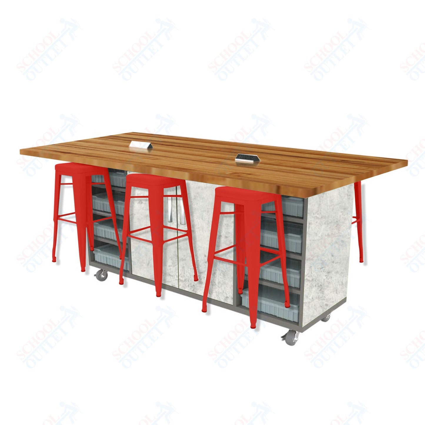 CEF ED Double Table 42"H Butcher Block Top, Laminate Base with  6 Stools, Storage bins, and Electrical Outlets Included.