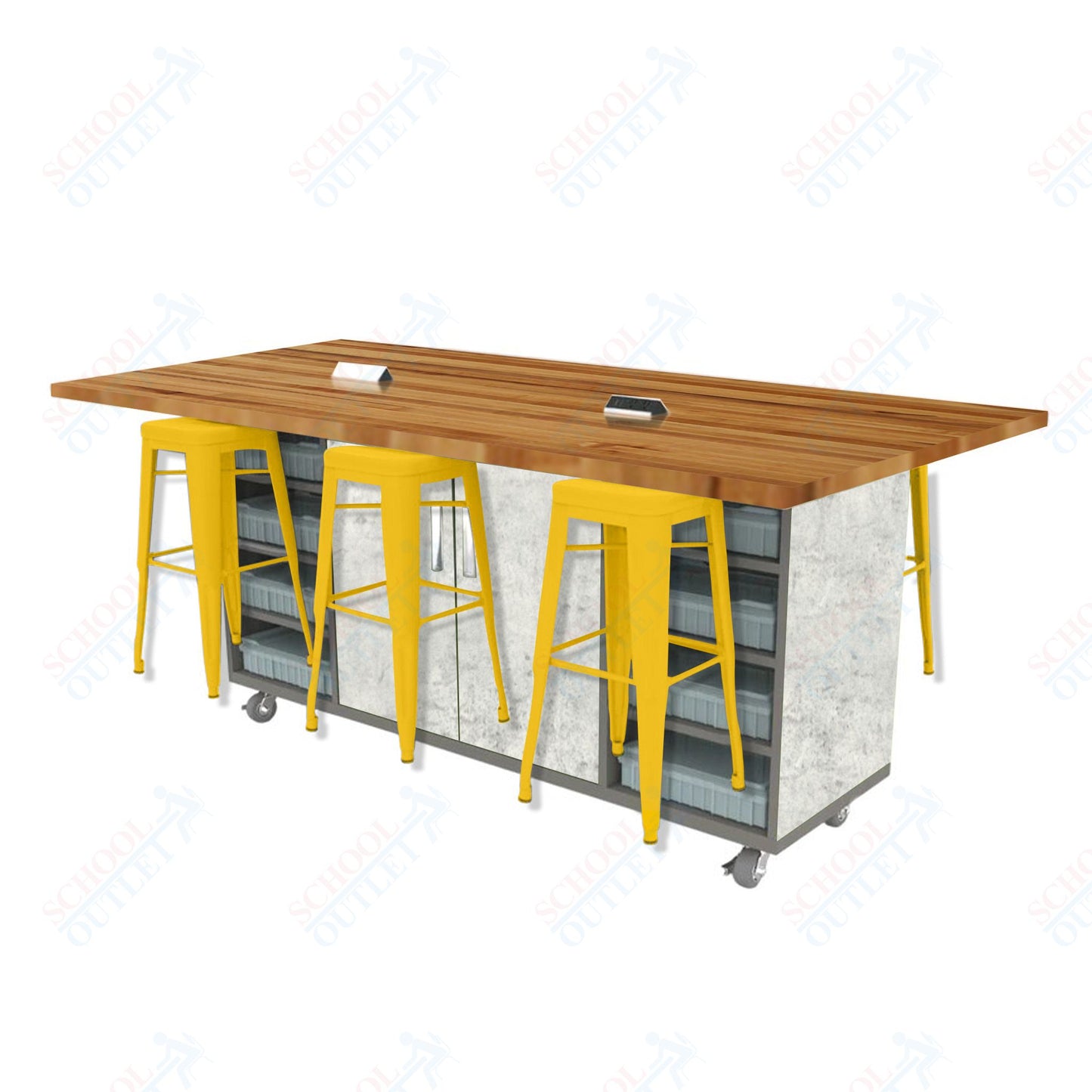 CEF ED Double Table 42"H Butcher Block Top, Laminate Base with  6 Stools, Storage bins, and Electrical Outlets Included.