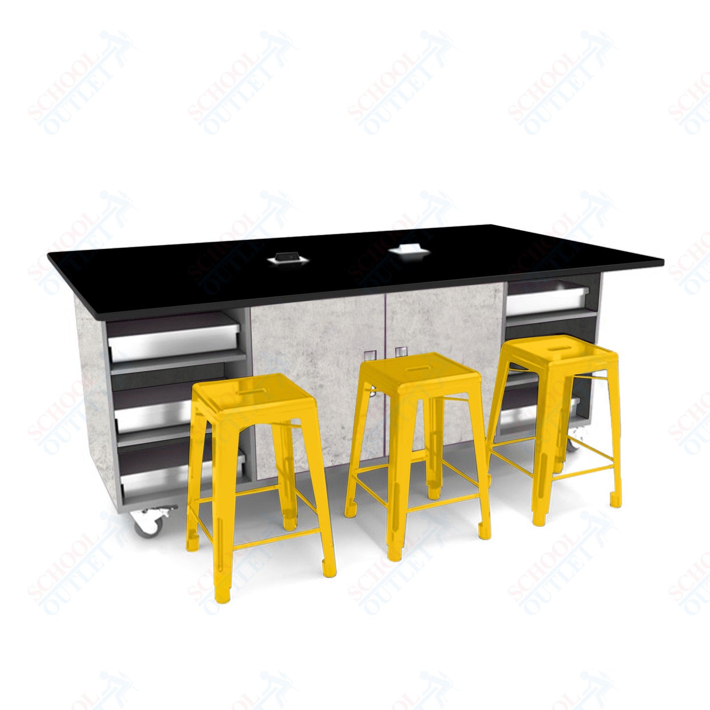 CEF ED Double Table 42"H Tough Top, Laminate Base with  6 Stools, Storage bins, and Electrical Outlets Included.