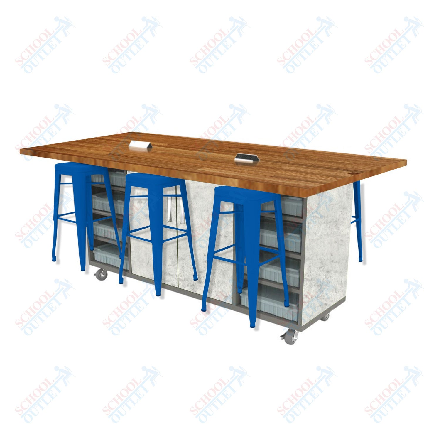 CEF ED Double Table 42"H Butcher Block Top, Laminate Base with  6 Stools, Storage bins, and Electrical Outlets Included.