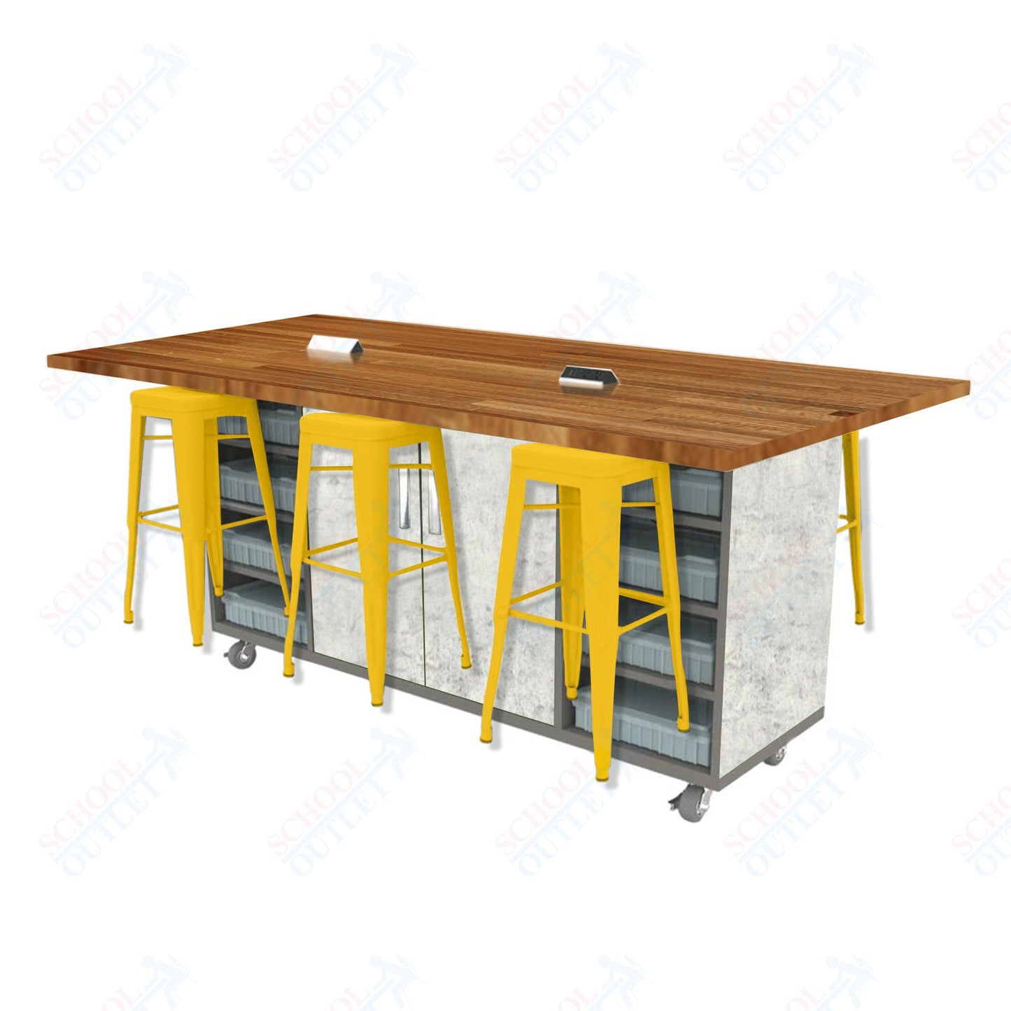 CEF ED Double Table 42"H Butcher Block Top, Laminate Base with  6 Stools, Storage bins, and Electrical Outlets Included.