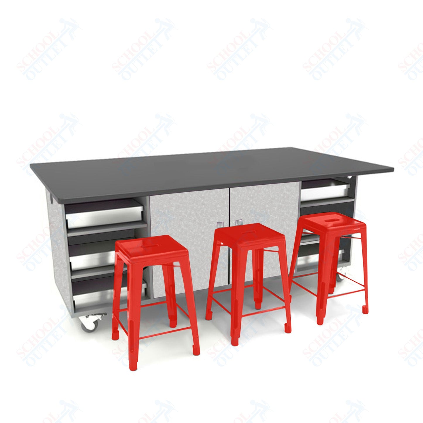 CEF ED Double Table 42"H Chemical Resistant Top, Laminate Base with  6 Stools, Storage bins, and Electrical Outlets Included.