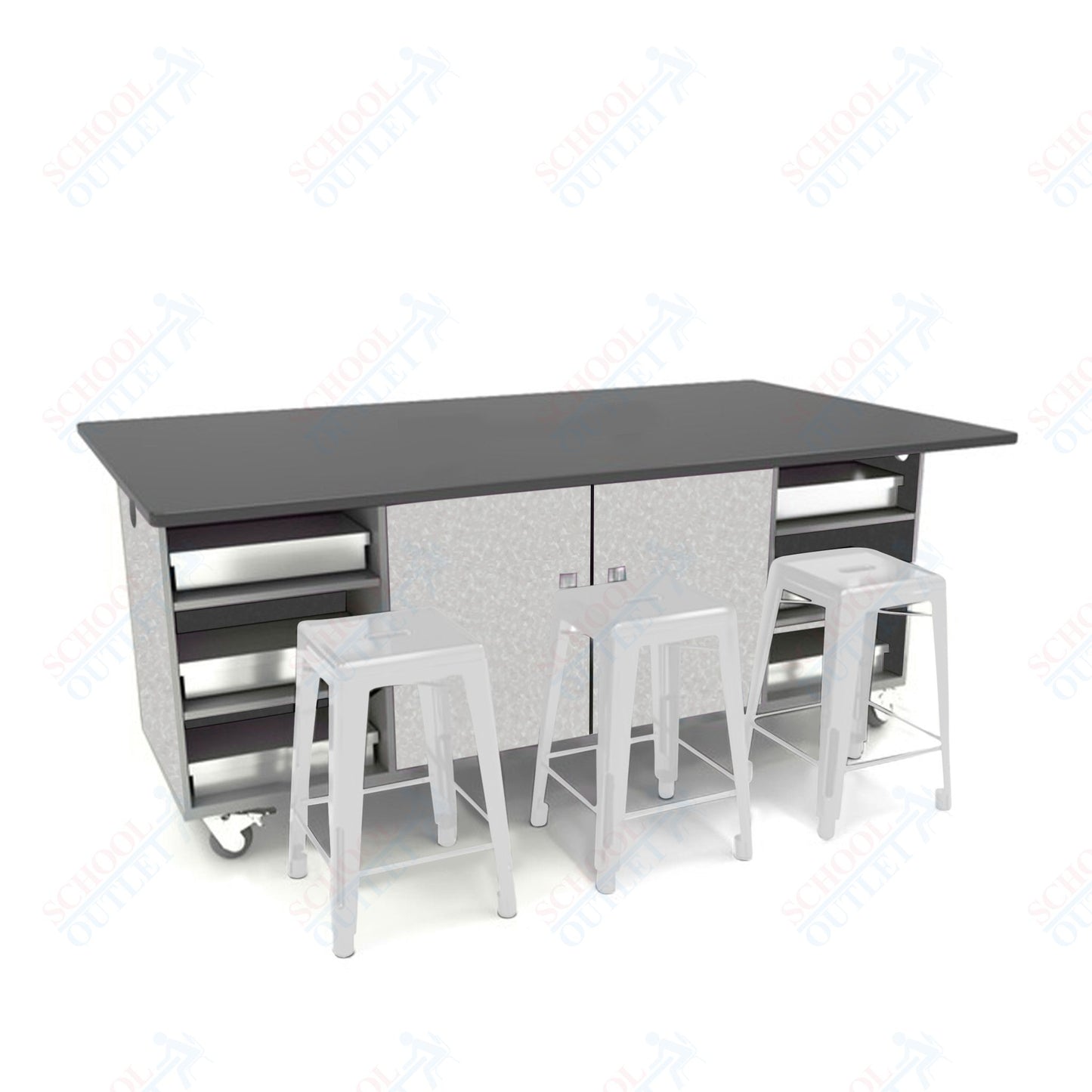 CEF ED Double Table 42"H Chemical Resistant Top, Laminate Base with  6 Stools, Storage bins, and Electrical Outlets Included.