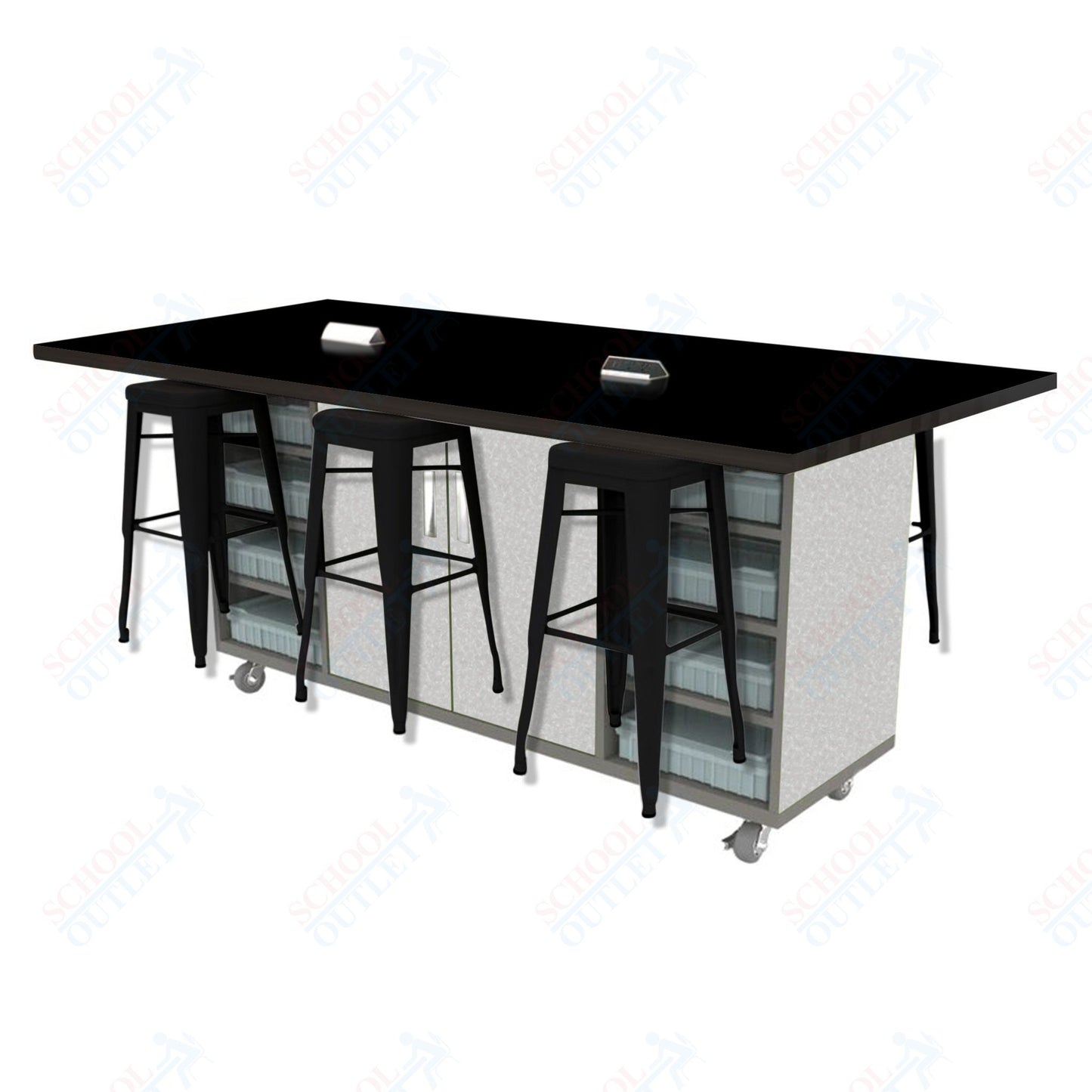 CEF ED Double Table 42"H High Pressure Laminate Top, Laminate Base with  6 Stools, Storage bins, and Electrical Outlets Included.