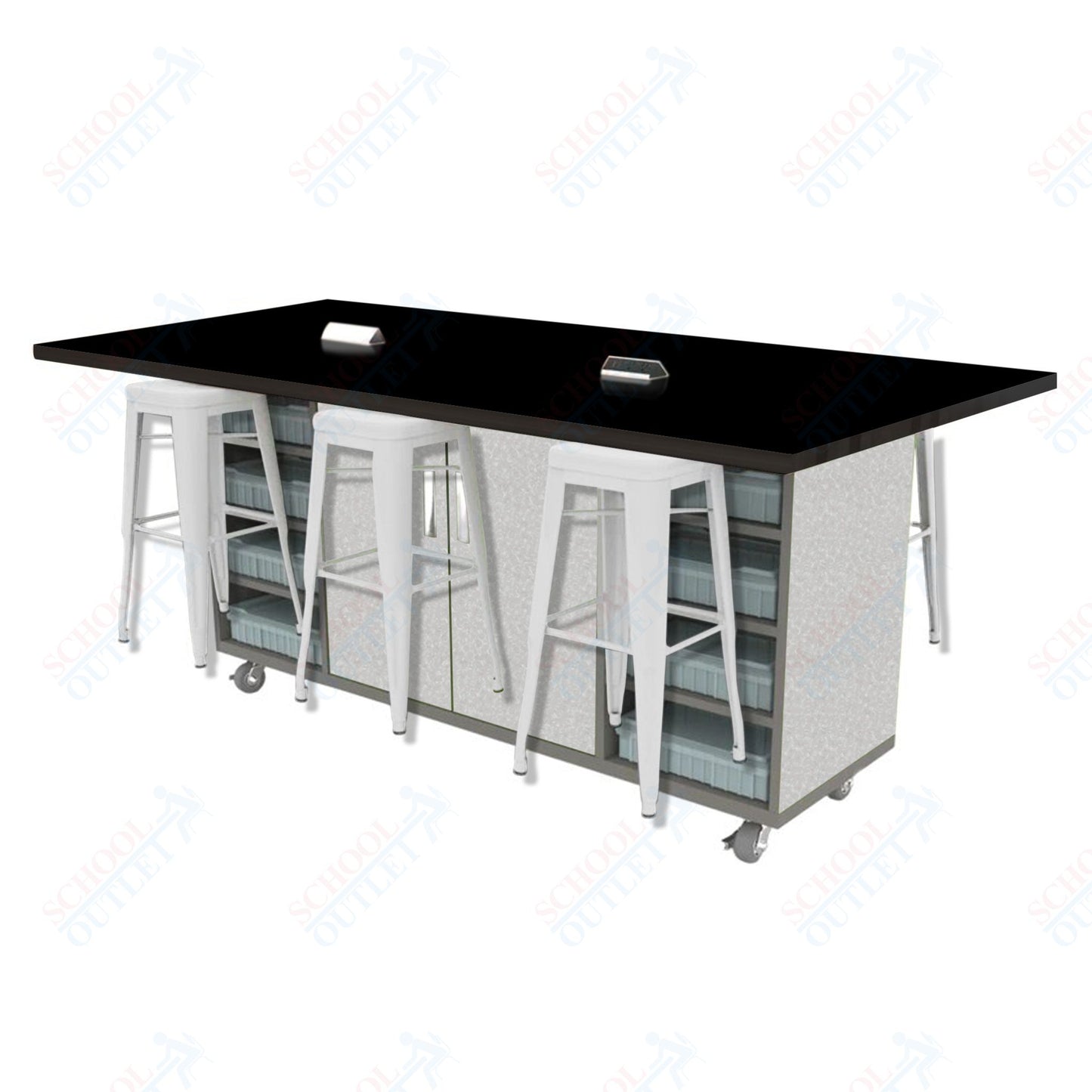 CEF ED Double Table 42"H High Pressure Laminate Top, Laminate Base with  6 Stools, Storage bins, and Electrical Outlets Included.