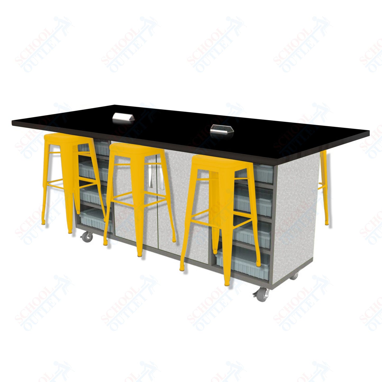 CEF ED Double Table 42"H High Pressure Laminate Top, Laminate Base with  6 Stools, Storage bins, and Electrical Outlets Included.