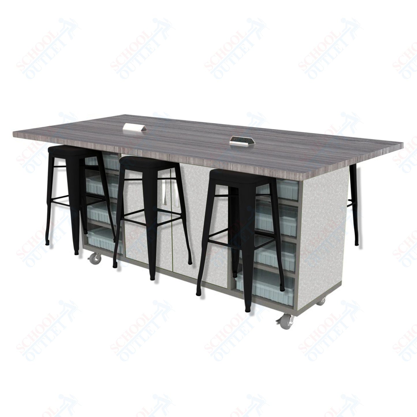 CEF ED Double Table 42"H High Pressure Laminate Top, Laminate Base with  6 Stools, Storage bins, and Electrical Outlets Included.