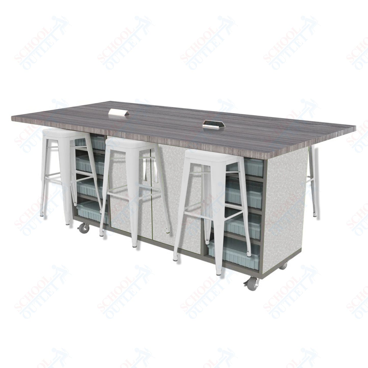 CEF ED Double Table 42"H High Pressure Laminate Top, Laminate Base with  6 Stools, Storage bins, and Electrical Outlets Included.