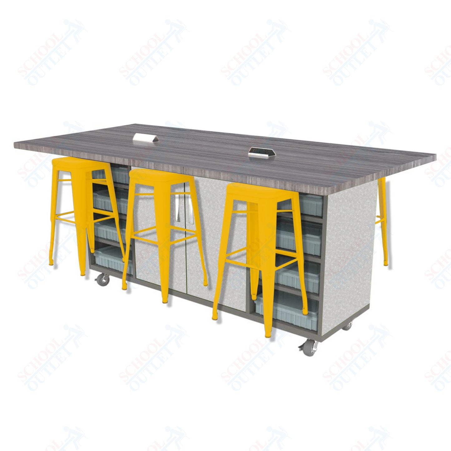 CEF ED Double Table 42"H High Pressure Laminate Top, Laminate Base with  6 Stools, Storage bins, and Electrical Outlets Included.