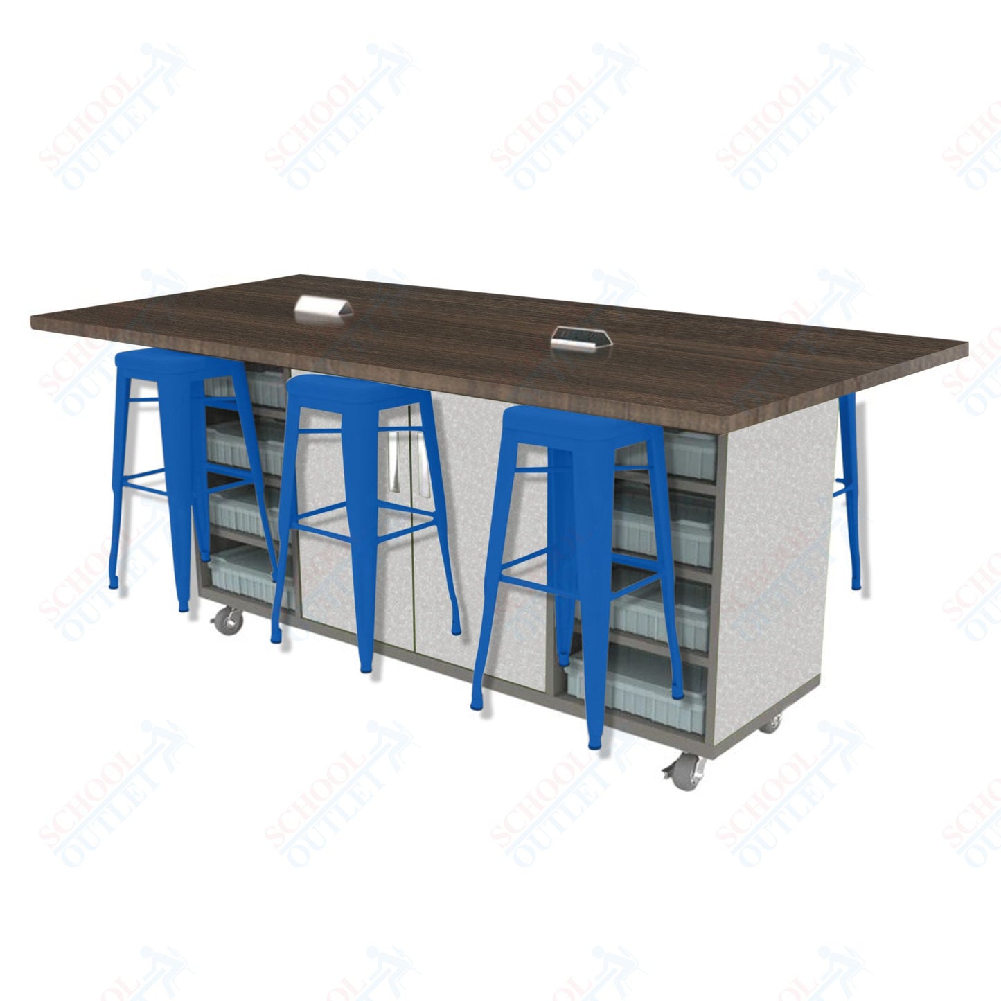 CEF ED Double Table 42"H High Pressure Laminate Top, Laminate Base with  6 Stools, Storage bins, and Electrical Outlets Included.