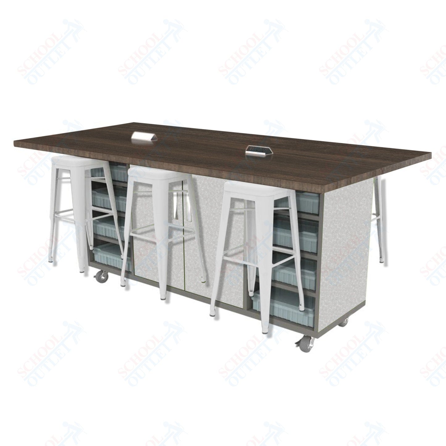 CEF ED Double Table 42"H High Pressure Laminate Top, Laminate Base with  6 Stools, Storage bins, and Electrical Outlets Included.