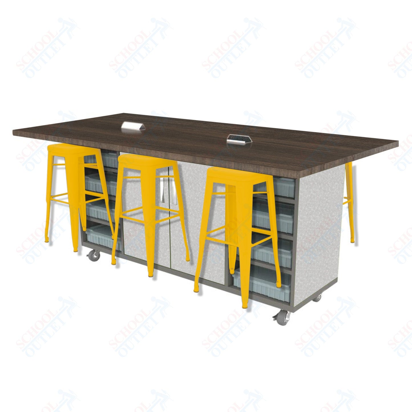 CEF ED Double Table 42"H High Pressure Laminate Top, Laminate Base with  6 Stools, Storage bins, and Electrical Outlets Included.