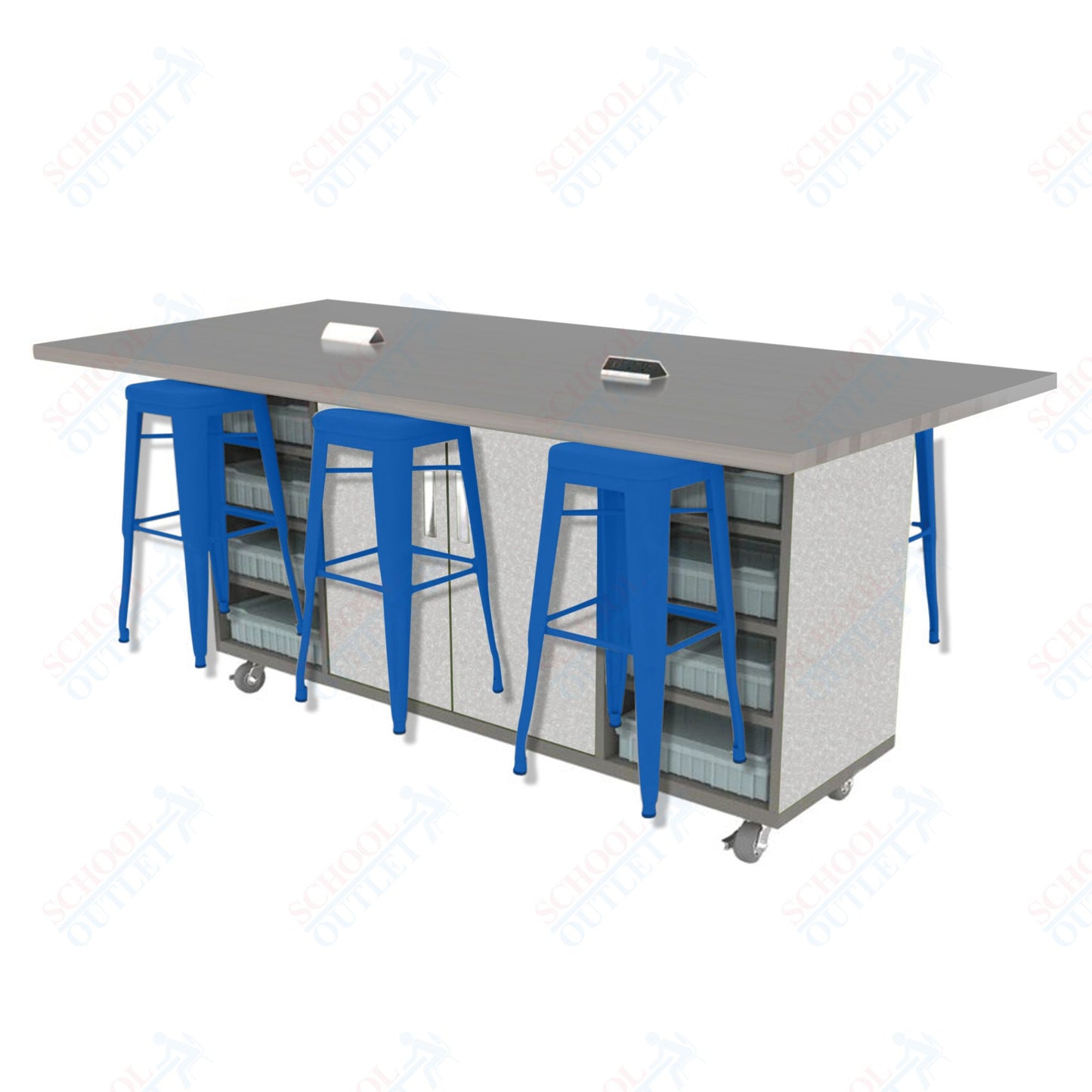 CEF ED Double Table 42"H High Pressure Laminate Top, Laminate Base with  6 Stools, Storage bins, and Electrical Outlets Included.