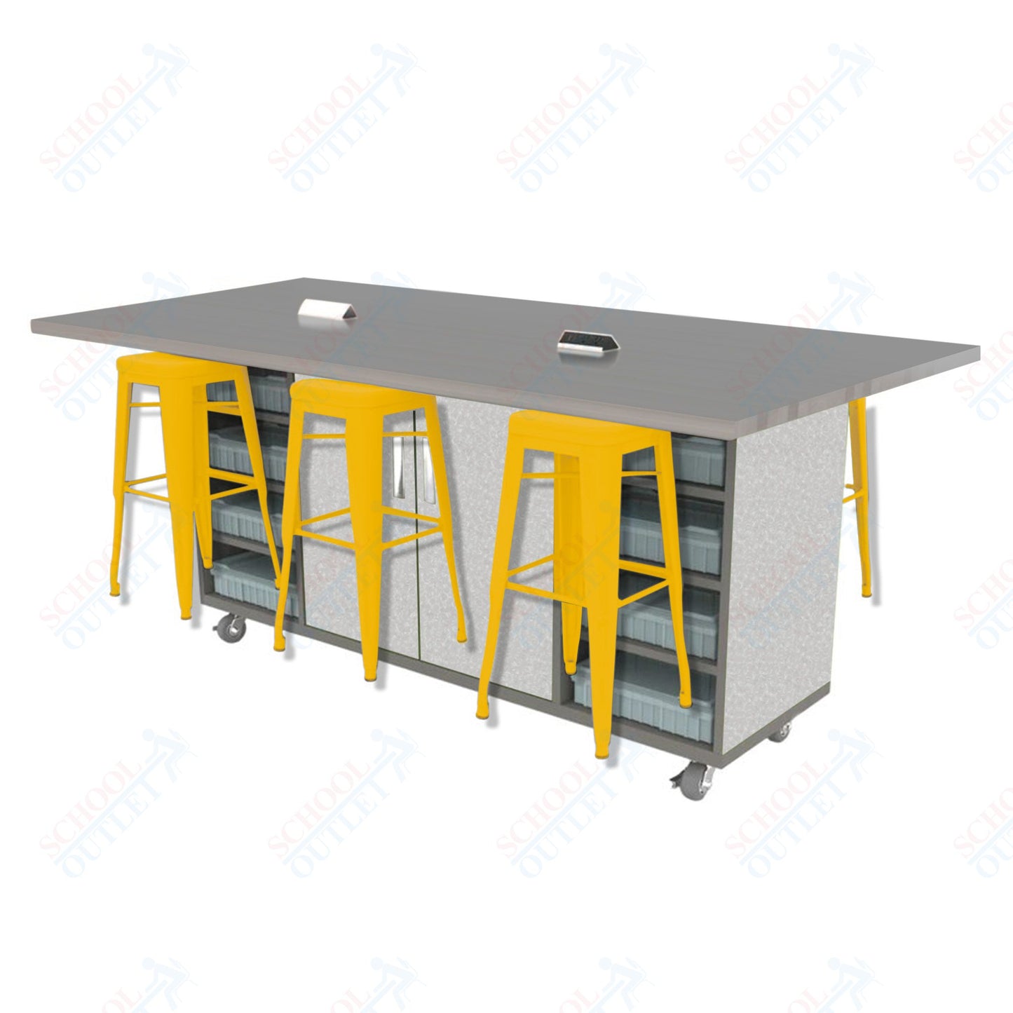 CEF ED Double Table 42"H High Pressure Laminate Top, Laminate Base with  6 Stools, Storage bins, and Electrical Outlets Included.