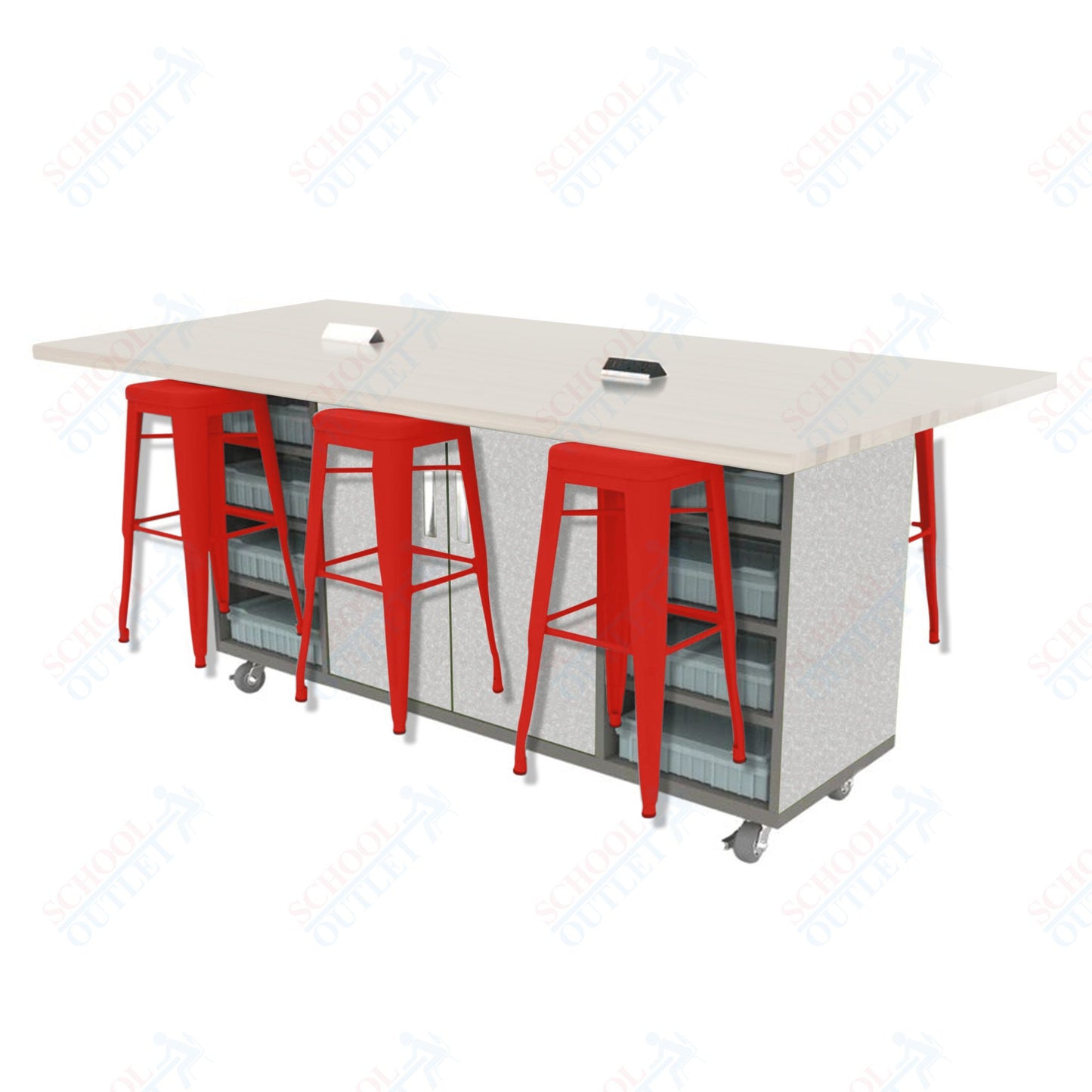 CEF ED Double Table 42"H High Pressure Laminate Top, Laminate Base with  6 Stools, Storage bins, and Electrical Outlets Included.