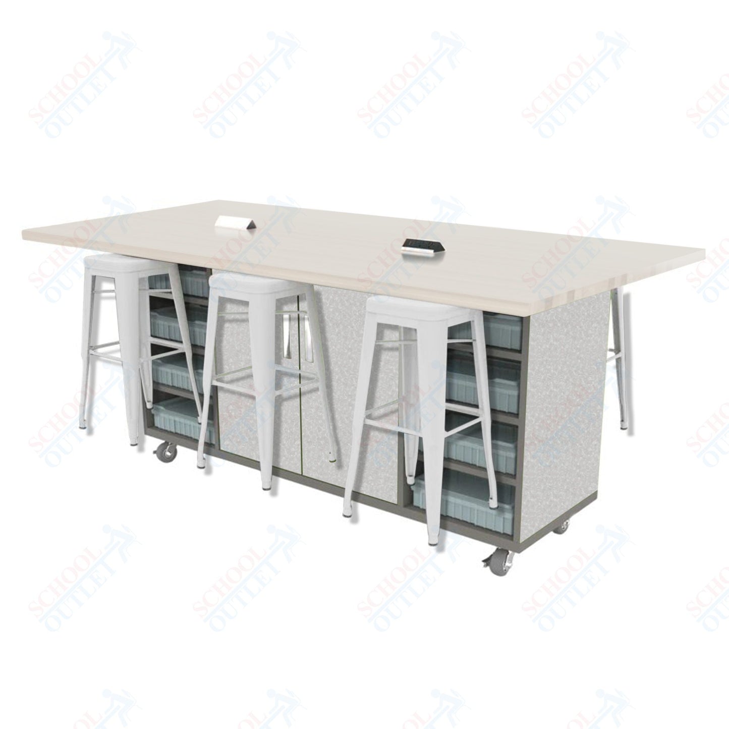 CEF ED Double Table 42"H High Pressure Laminate Top, Laminate Base with  6 Stools, Storage bins, and Electrical Outlets Included.