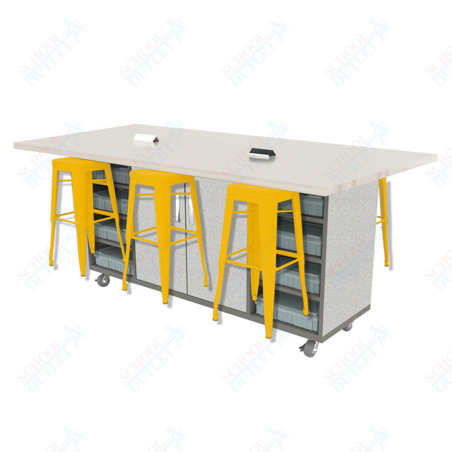 CEF ED Double Table 42"H High Pressure Laminate Top, Laminate Base with  6 Stools, Storage bins, and Electrical Outlets Included.