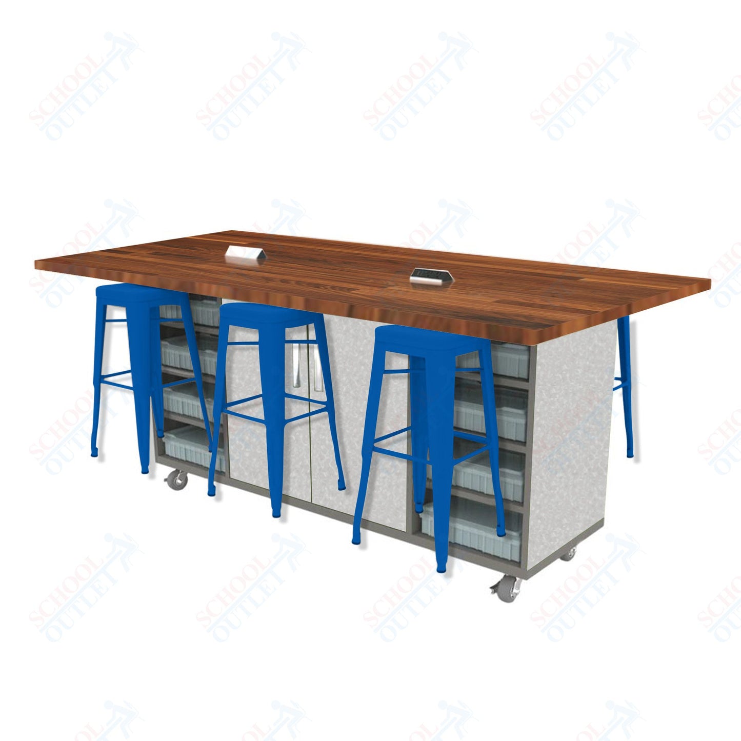 CEF ED Double Table 42"H Butcher Block Top, Laminate Base with  6 Stools, Storage bins, and Electrical Outlets Included.