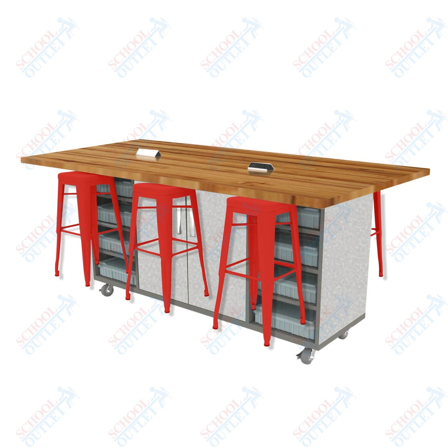 CEF ED Double Table 42"H Butcher Block Top, Laminate Base with  6 Stools, Storage bins, and Electrical Outlets Included.