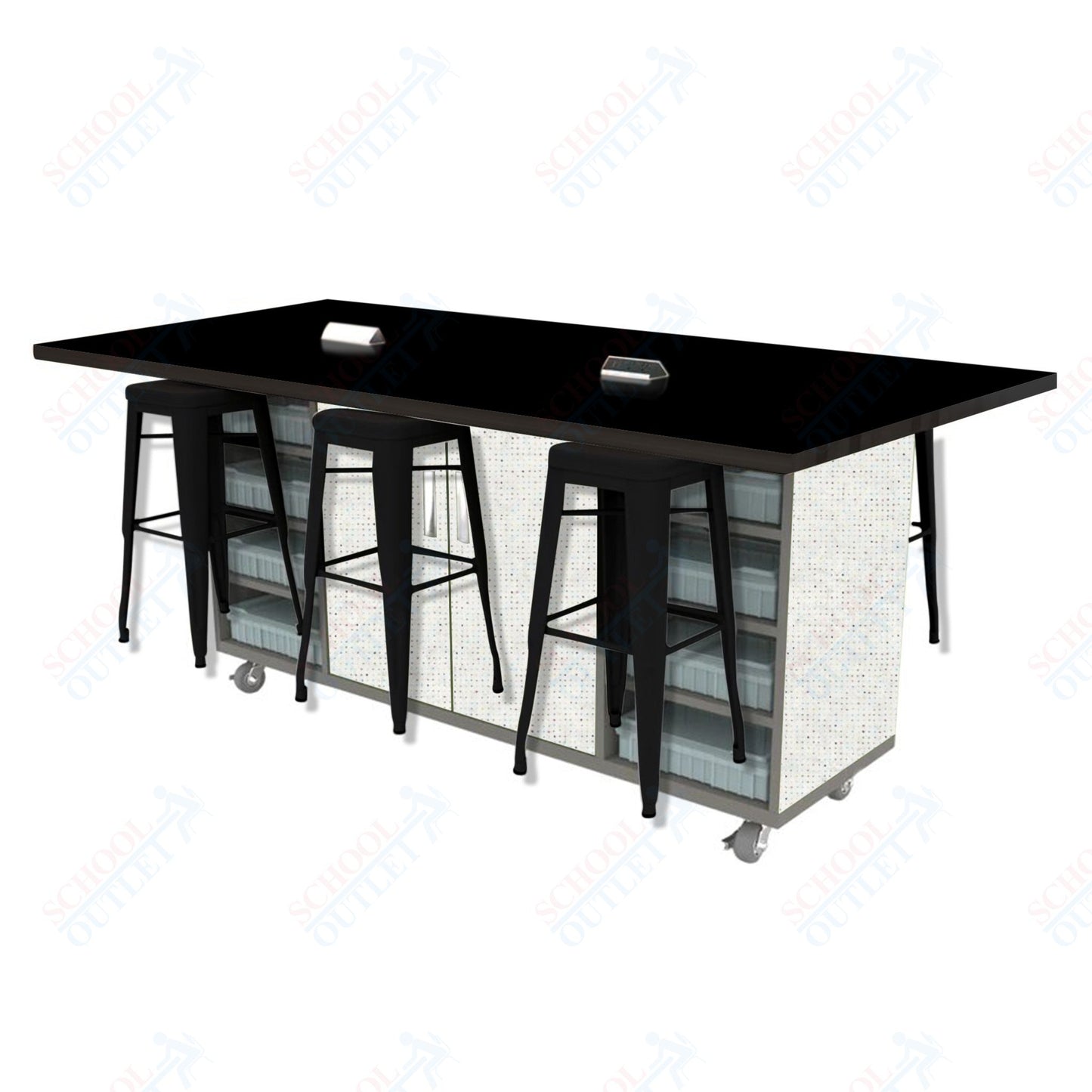 CEF ED Double Table 42"H High Pressure Laminate Top, Laminate Base with  6 Stools, Storage bins, and Electrical Outlets Included.