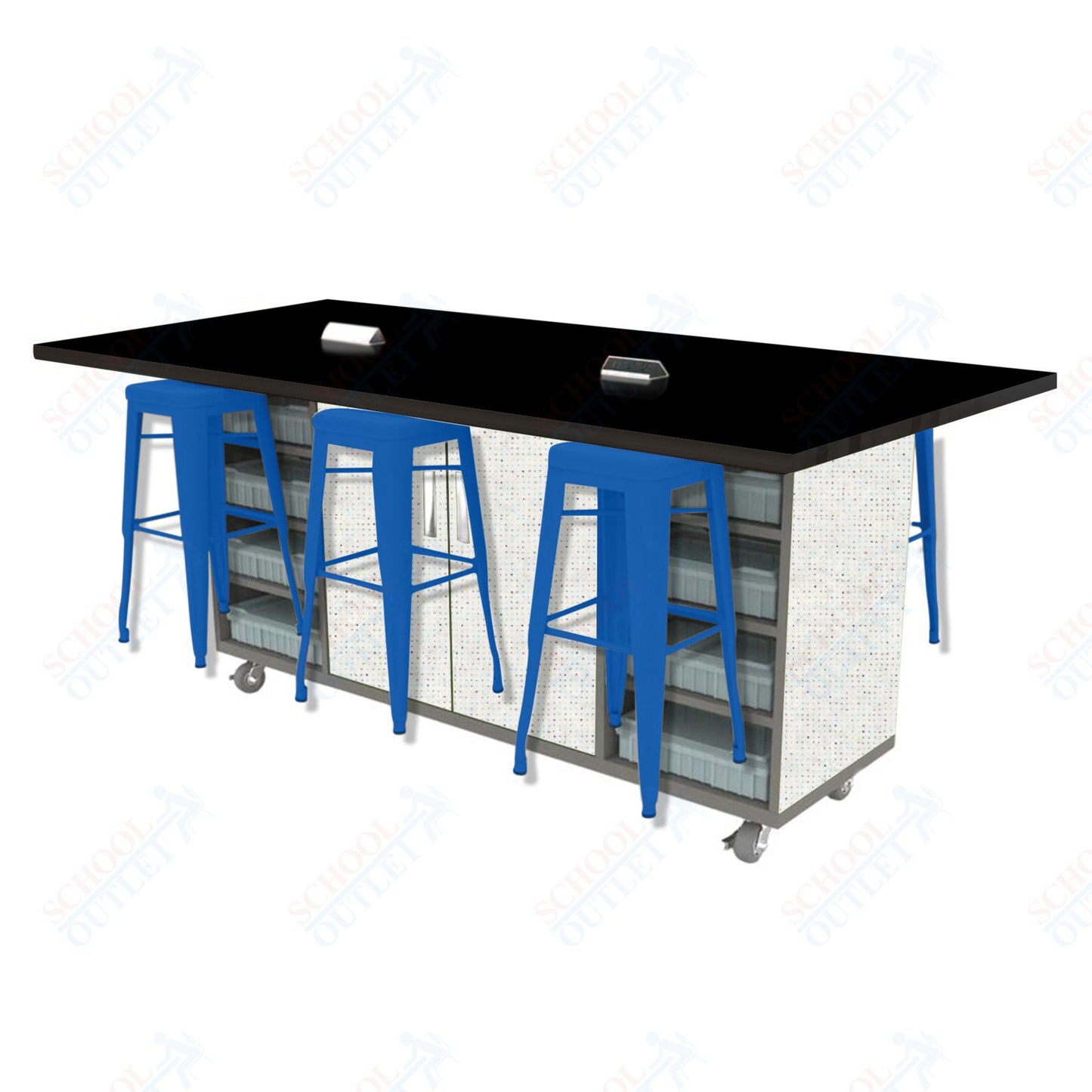 CEF ED Double Table 42"H High Pressure Laminate Top, Laminate Base with  6 Stools, Storage bins, and Electrical Outlets Included.