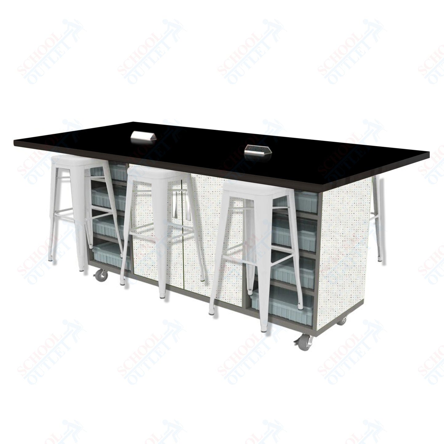 CEF ED Double Table 42"H High Pressure Laminate Top, Laminate Base with  6 Stools, Storage bins, and Electrical Outlets Included.