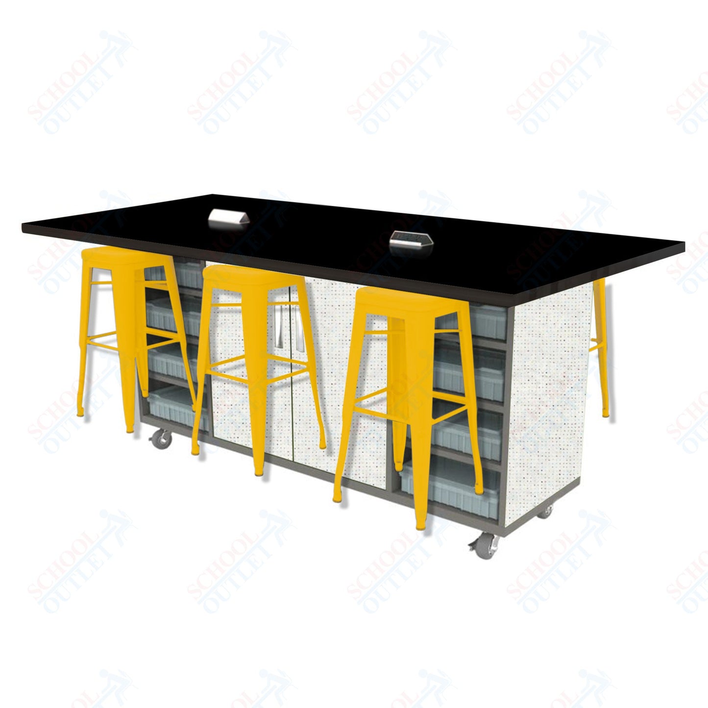 CEF ED Double Table 42"H High Pressure Laminate Top, Laminate Base with  6 Stools, Storage bins, and Electrical Outlets Included.