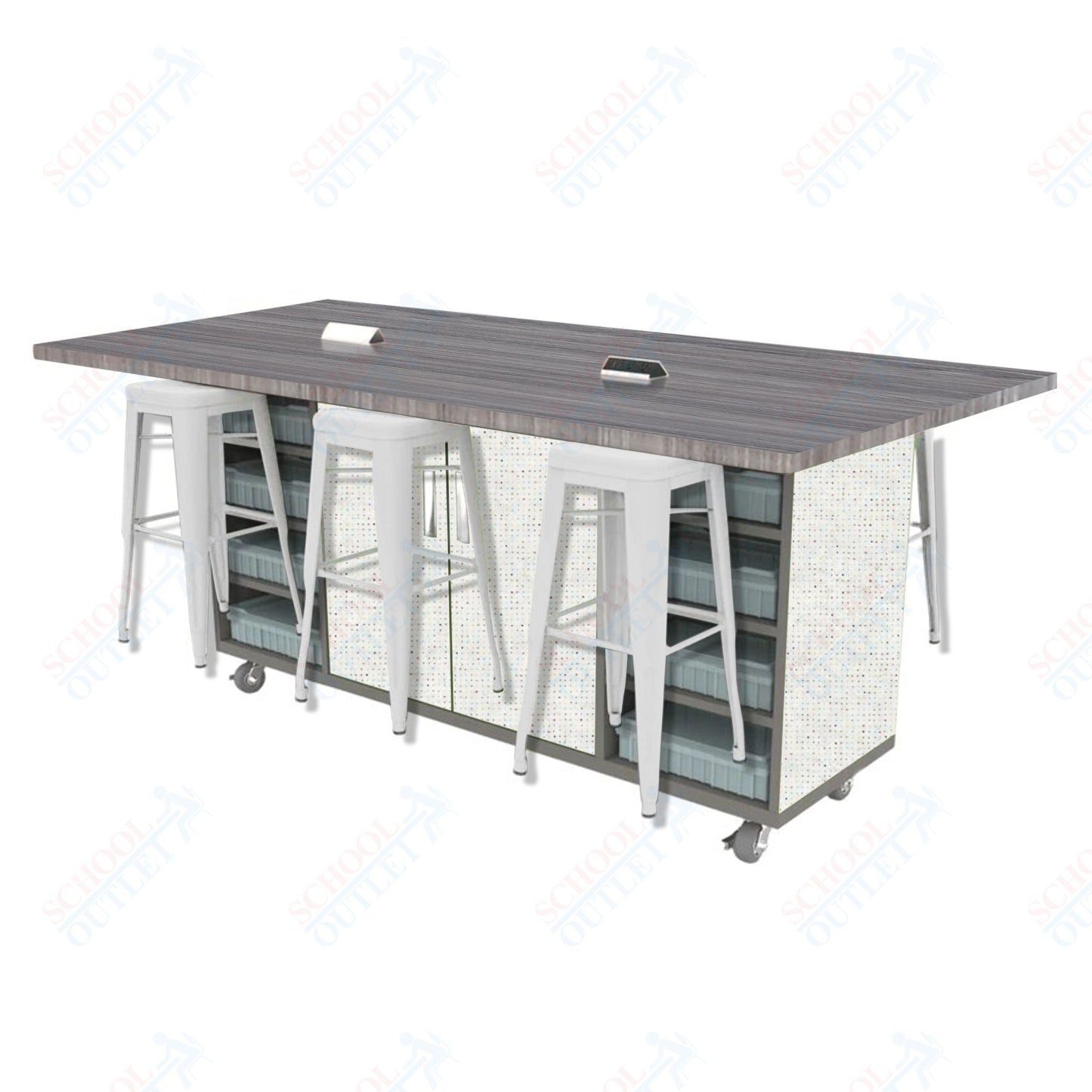 CEF ED Double Table 42"H High Pressure Laminate Top, Laminate Base with  6 Stools, Storage bins, and Electrical Outlets Included.