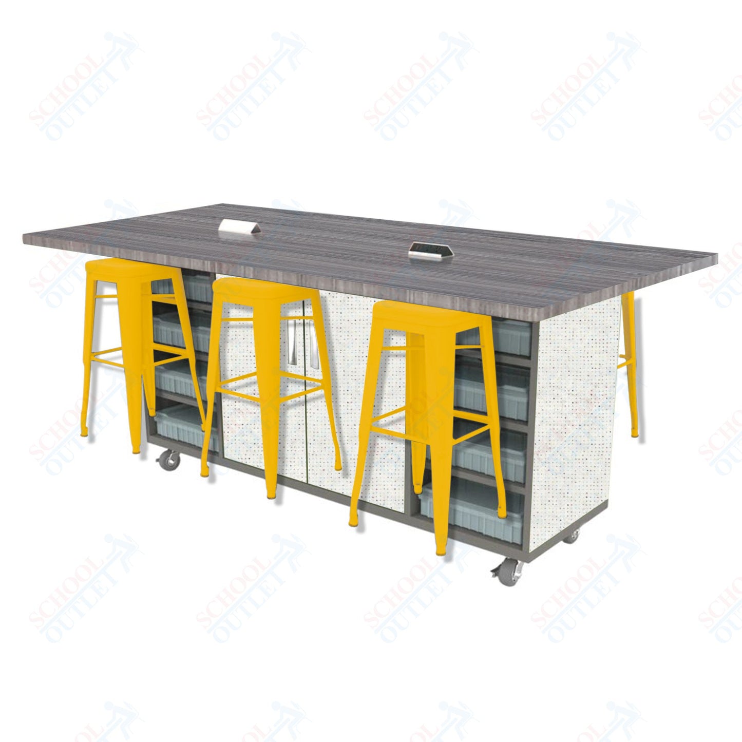 CEF ED Double Table 42"H High Pressure Laminate Top, Laminate Base with  6 Stools, Storage bins, and Electrical Outlets Included.