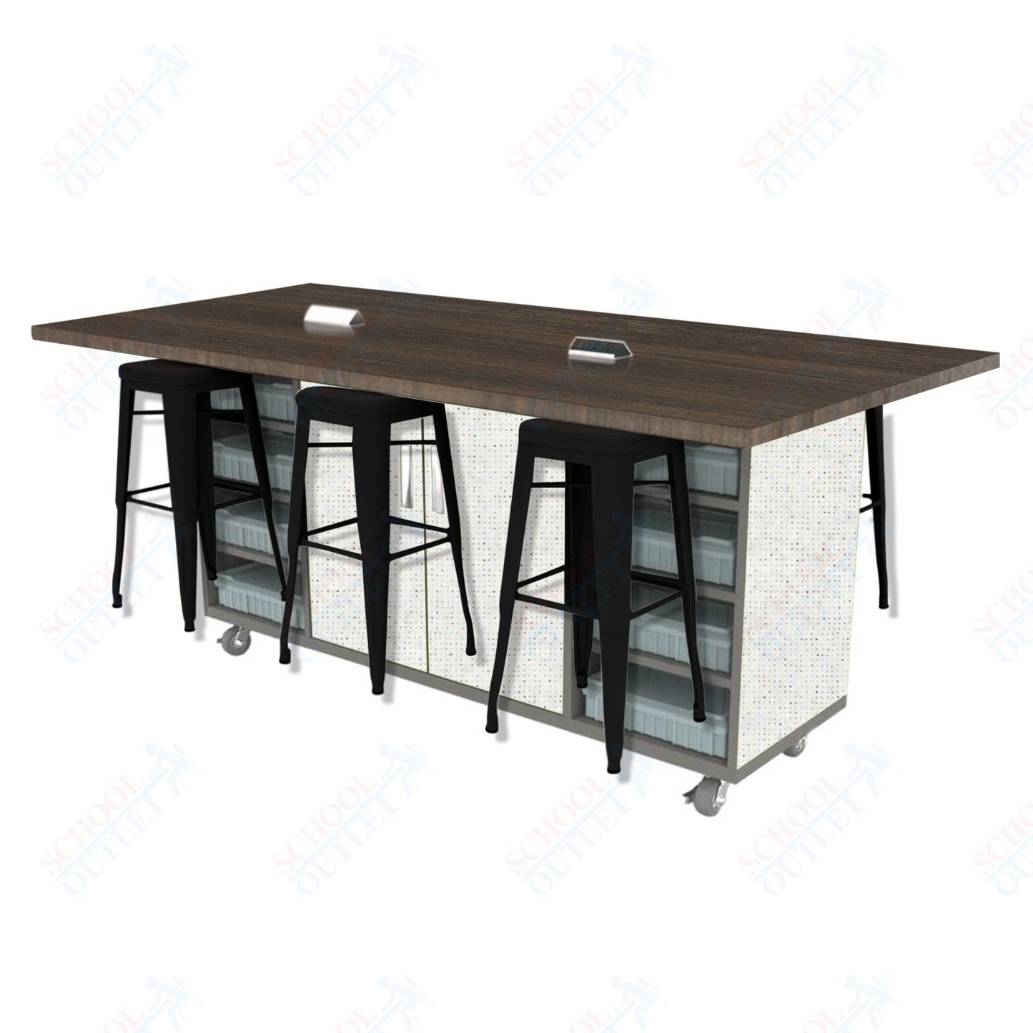 CEF ED Double Table 42"H High Pressure Laminate Top, Laminate Base with  6 Stools, Storage bins, and Electrical Outlets Included.