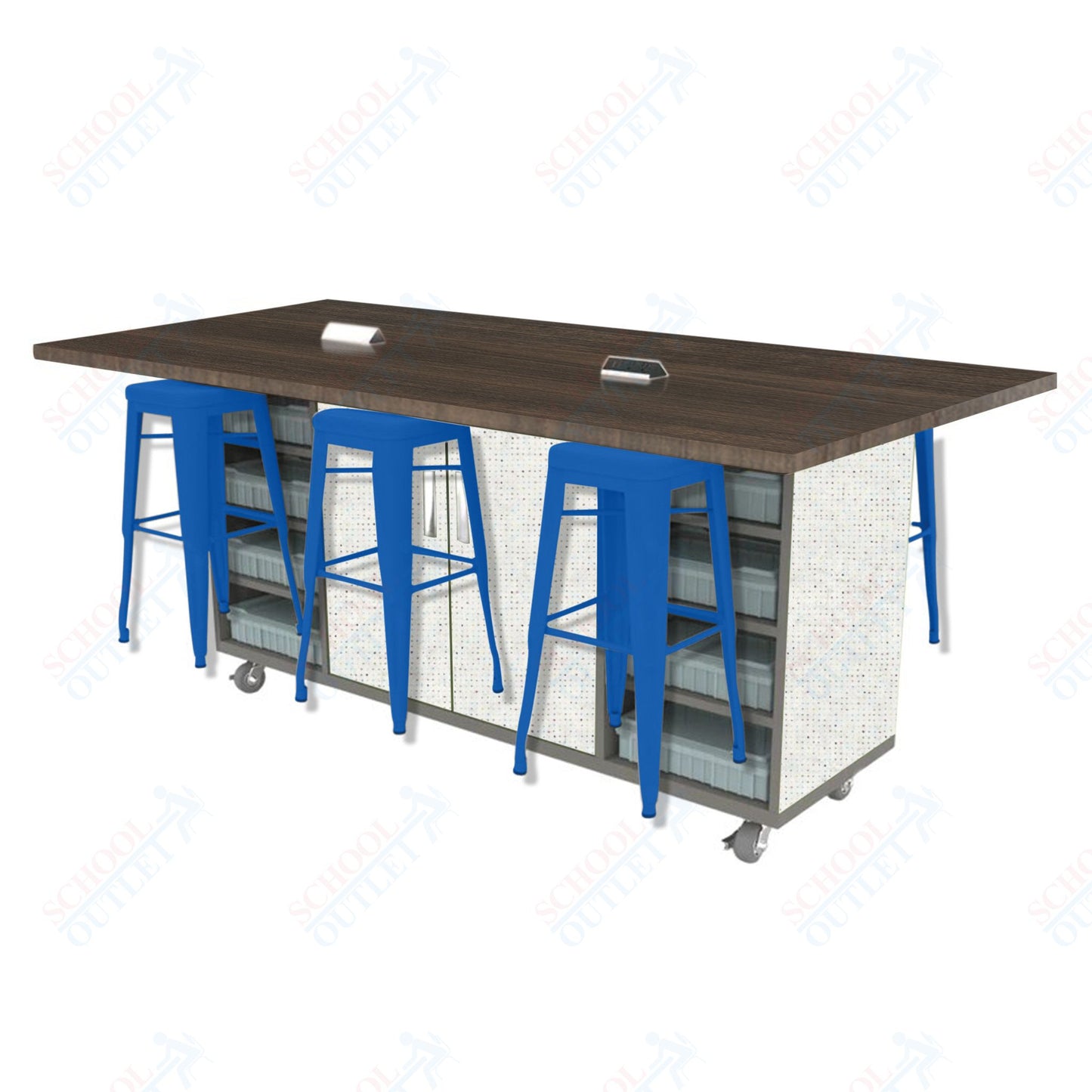 CEF ED Double Table 42"H High Pressure Laminate Top, Laminate Base with  6 Stools, Storage bins, and Electrical Outlets Included.