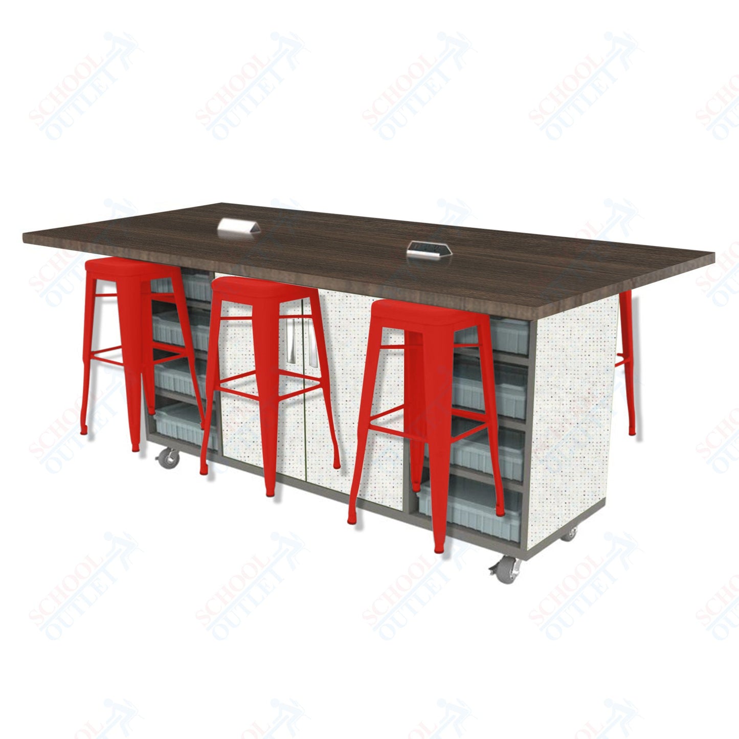 CEF ED Double Table 42"H High Pressure Laminate Top, Laminate Base with  6 Stools, Storage bins, and Electrical Outlets Included.