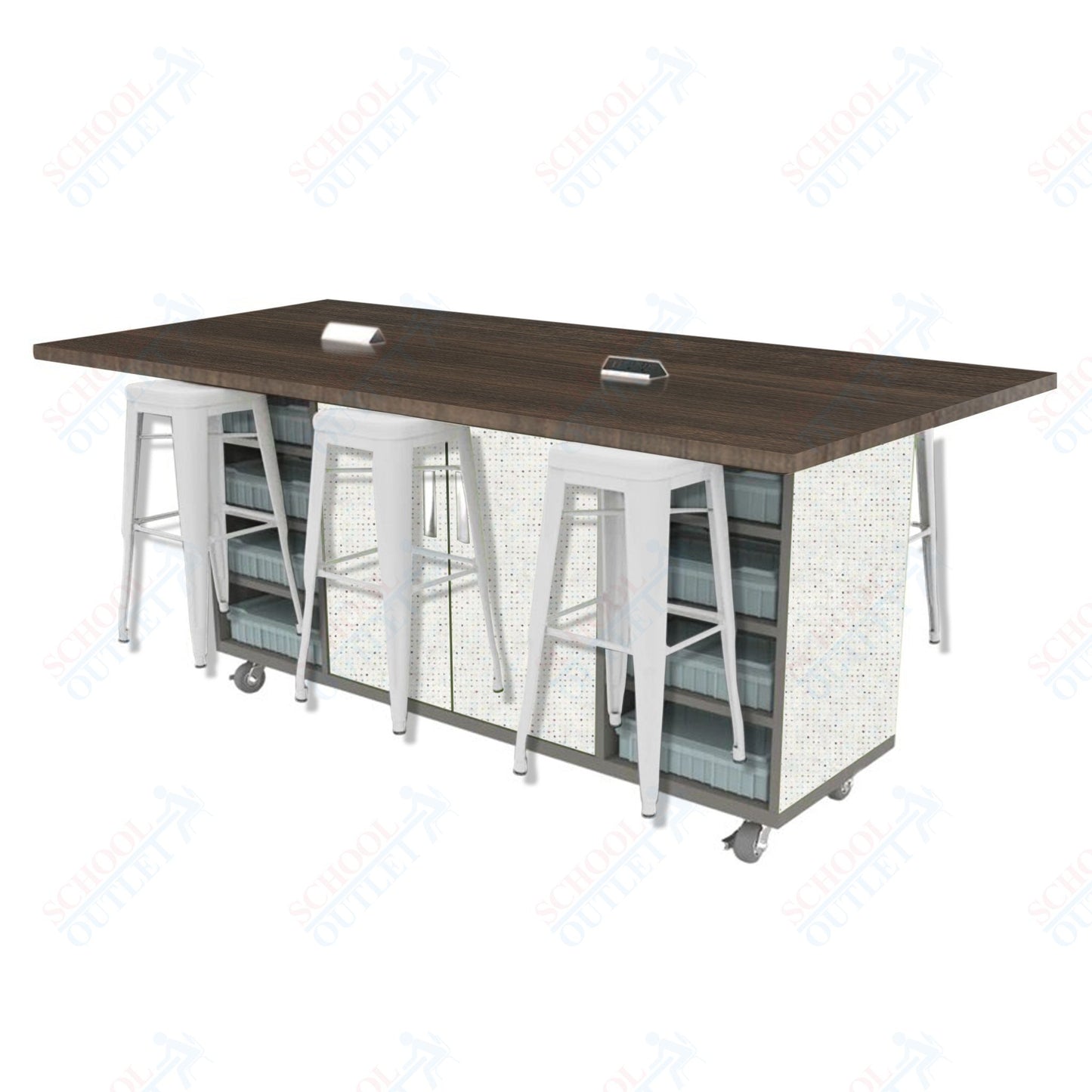 CEF ED Double Table 42"H High Pressure Laminate Top, Laminate Base with  6 Stools, Storage bins, and Electrical Outlets Included.