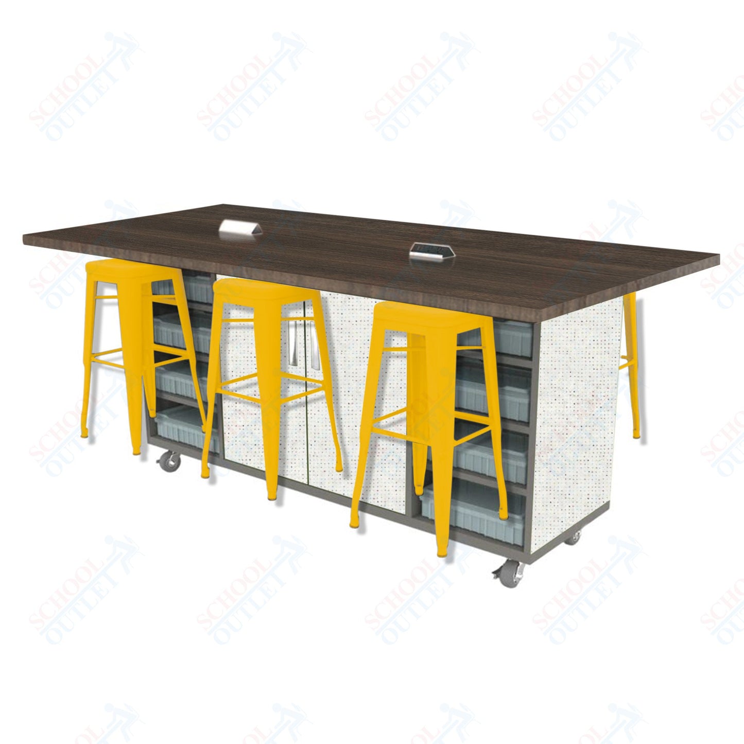 CEF ED Double Table 42"H High Pressure Laminate Top, Laminate Base with  6 Stools, Storage bins, and Electrical Outlets Included.