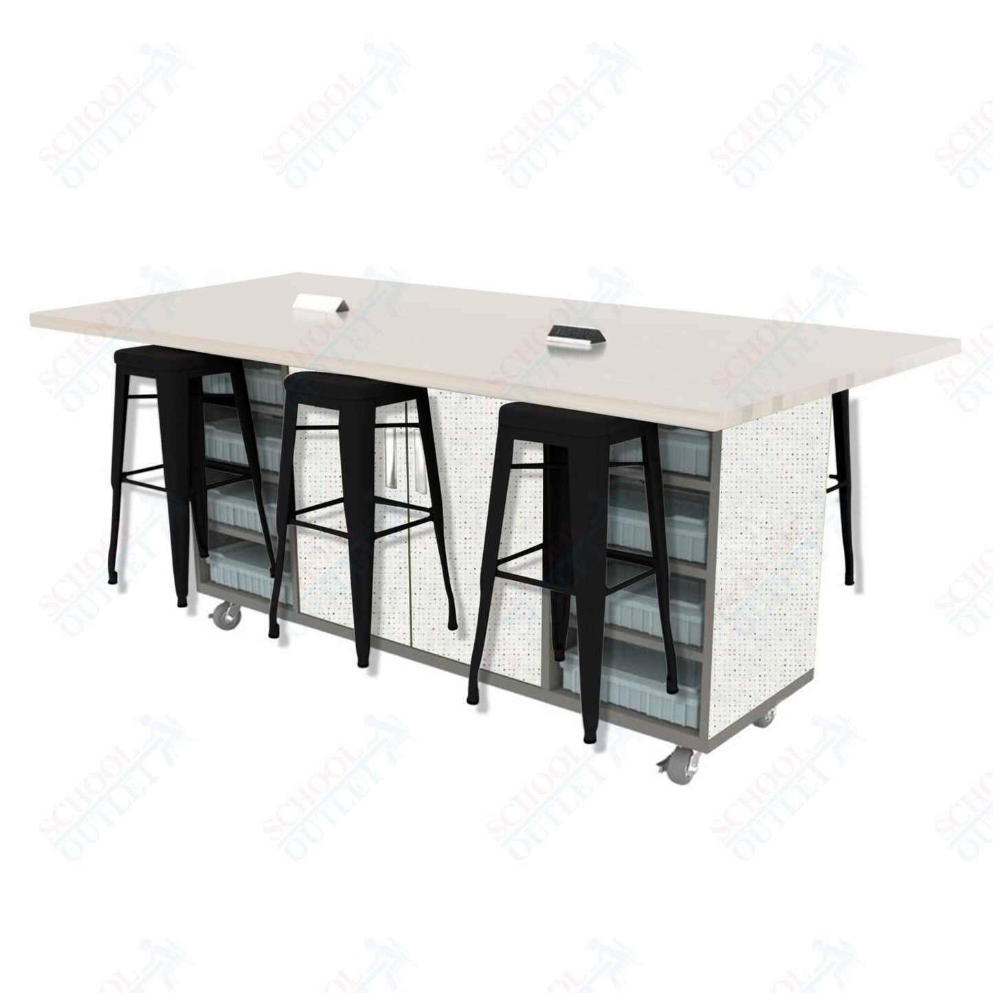 CEF ED Double Table 42"H High Pressure Laminate Top, Laminate Base with  6 Stools, Storage bins, and Electrical Outlets Included.