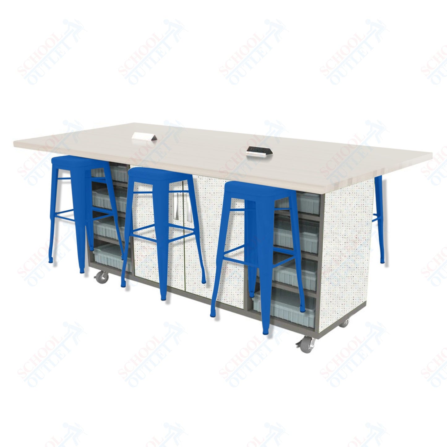 CEF ED Double Table 42"H High Pressure Laminate Top, Laminate Base with  6 Stools, Storage bins, and Electrical Outlets Included.