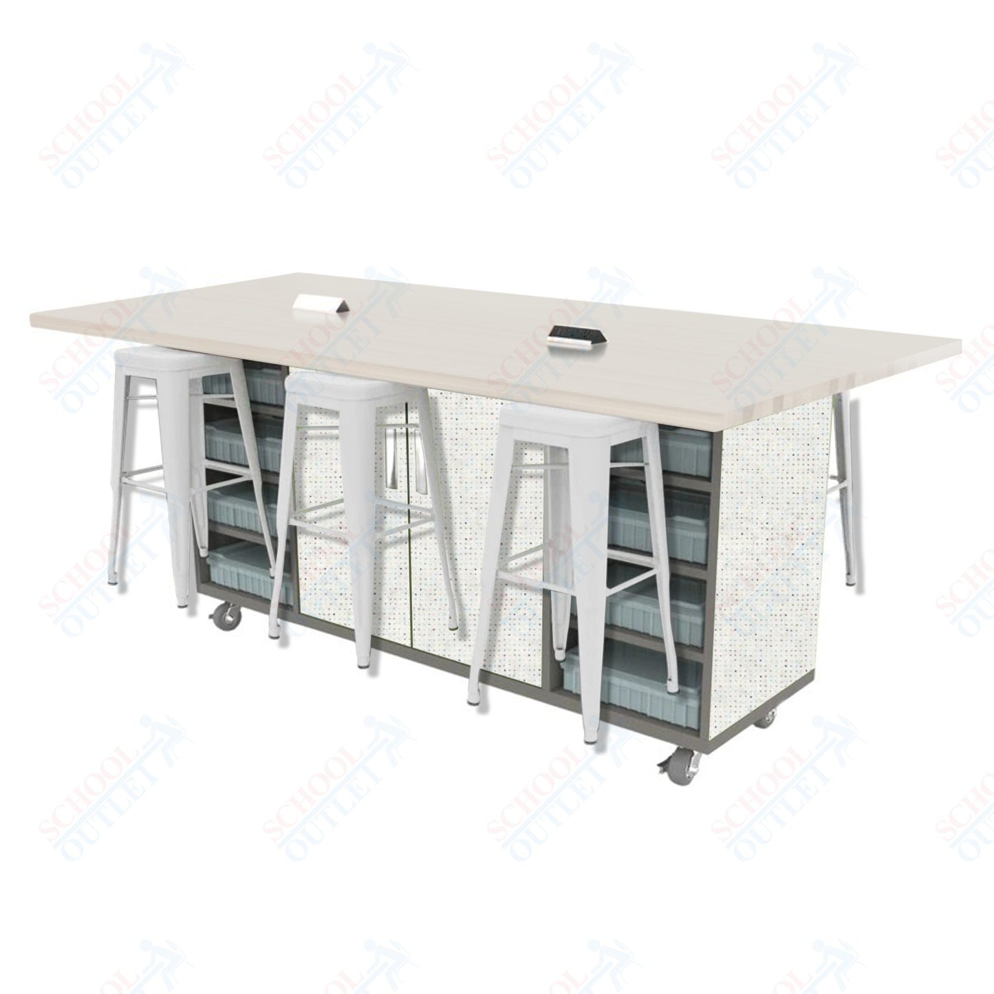 CEF ED Double Table 42"H High Pressure Laminate Top, Laminate Base with  6 Stools, Storage bins, and Electrical Outlets Included.