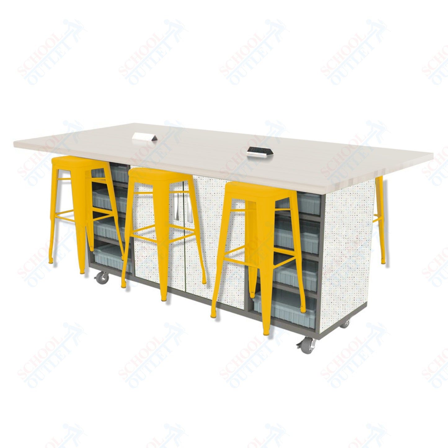 CEF ED Double Table 42"H High Pressure Laminate Top, Laminate Base with  6 Stools, Storage bins, and Electrical Outlets Included.